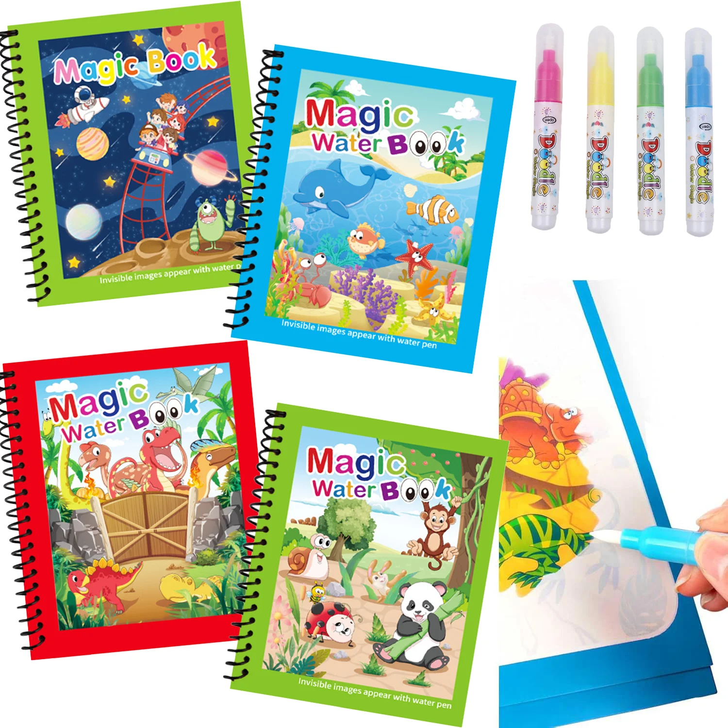 Reusable Water Magic Coloring Book - สมุดระบายสีน้ำมหัศจรรย์ สมุดระบายสีน้ำแบบใช้ซ้ำได้พร้อมปากกาเติมหมึก ของเล่นวาดภาพเพื่อการศึกษาปฐมวัยสำหรับเด็ก เสริมสร้างพัฒนาการทางประสาทสัมผัส