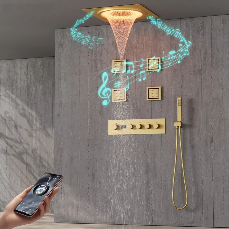 Music - ชุดฝักบัว LED อัจฉริยะ พร้อมระบบเสียงเพลงในห้องน้ำ ฝักบัวแบบฝังผนัง สีดำด้าน