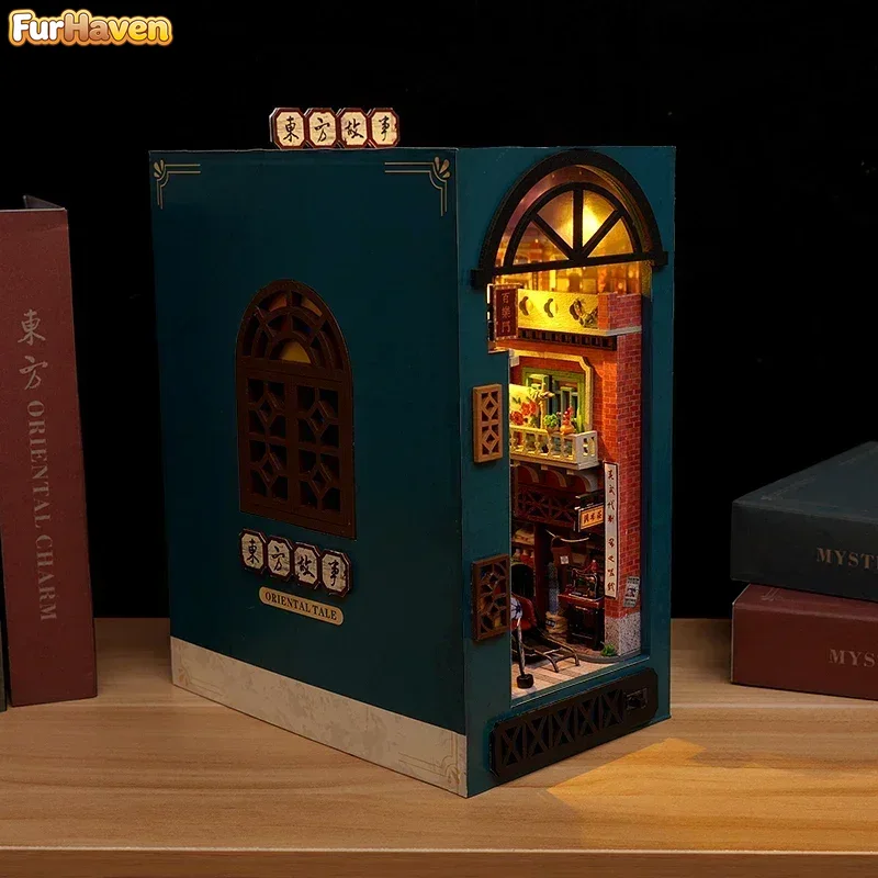 Diy Wooden Book Nook Kit Shelf Insert - ชั้นวางหนังสือไม้ DIY ลายเทพนิยายตะวันออก ชั้นวางหนังสือจีนทำมือ ที่กั้นหนังสือ ชั้นวางหนังสือขนาดเล็ก