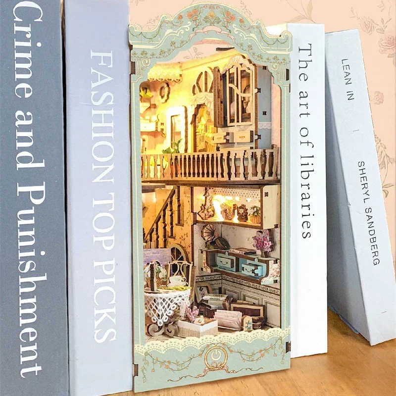 Diy Wooden Book Nook Kit Shelf Insert - ชุดทำเองแบบจำลองชั้นวางหนังสือไม้สไตล์ชนบท พร้อมที่คั่นหนังสือ