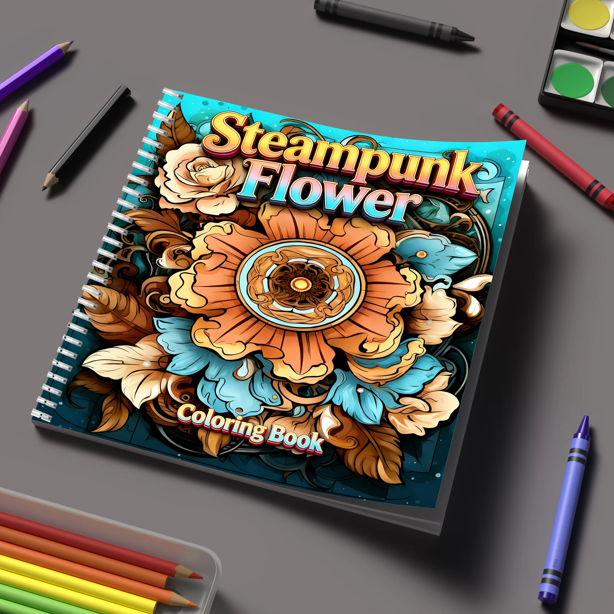 Adult Coloring Book Stress Relief - สมุดระบายสีดอกไม้สไตล์สตีมพังก์สำหรับสมุดระบายสีสำหรับผู้ใหญ่, ของขวัญวันเกิด, อุปกรณ์กลับไปโรงเรียน, สมุดวาดภาพน่ารักสำหรับผู้ใหญ่