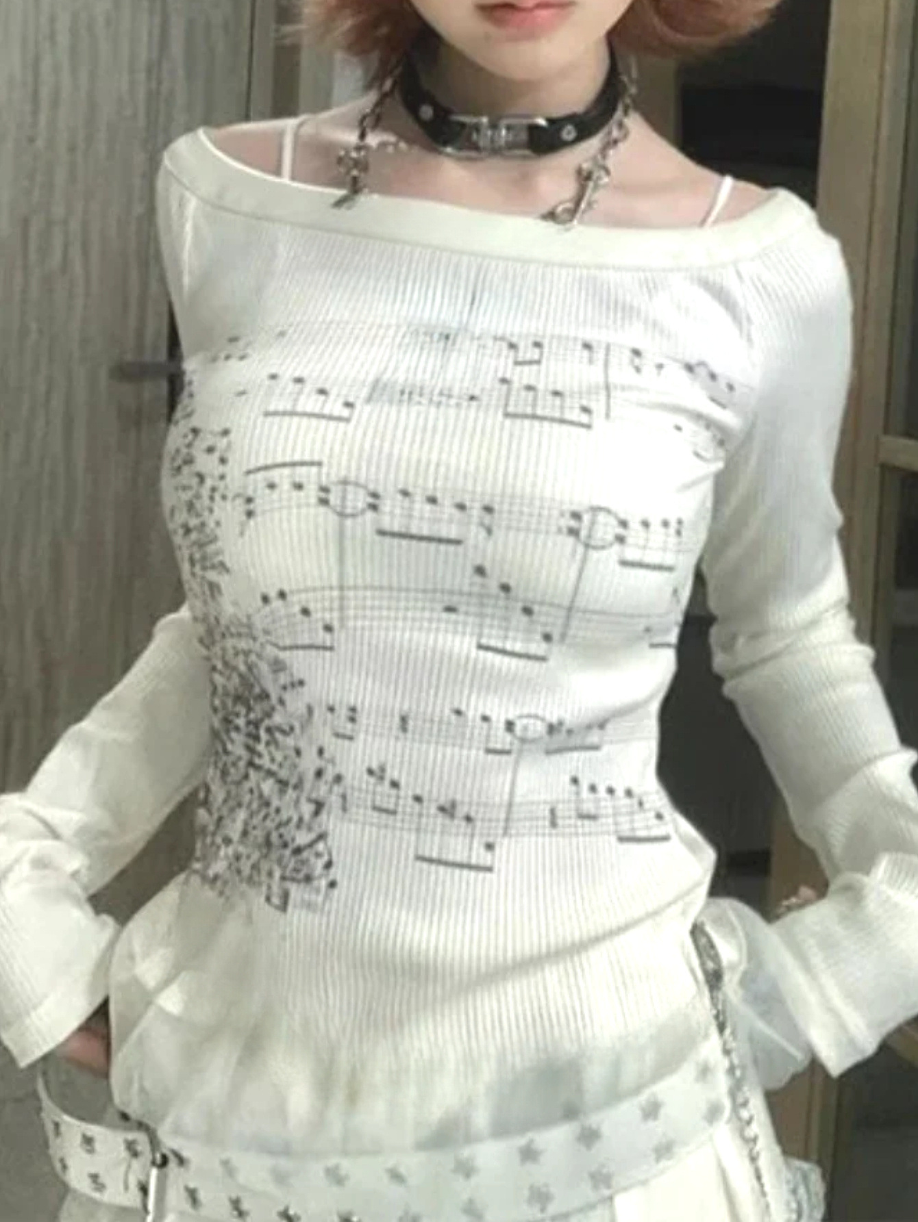 Music - เสื้อยืดแขนยาวพิมพ์ลายโน้ตดนตรี คอกลม สไตล์เกาหลี สำหรับผู้หญิง เสื้อยืดลำลอง สตรีทแวร์