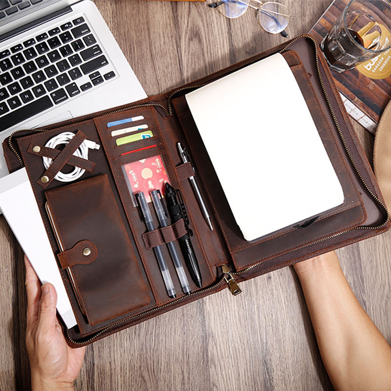 Vintage Leather Journal Notebook - ซองใส่เอกสารหนังวัวแบบมีซิป พร้อมช่องใส่ของหลายช่อง ปกสมุดบันทึกพร้อมช่องใส่บัตร ที่ใส่ปากกา และช่องเก็บสายเคเบิล